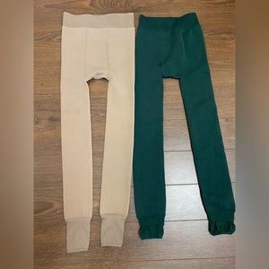 Women Small Lined Leggings Thermal Tights High Waisted Nude and Green (2 Pack)